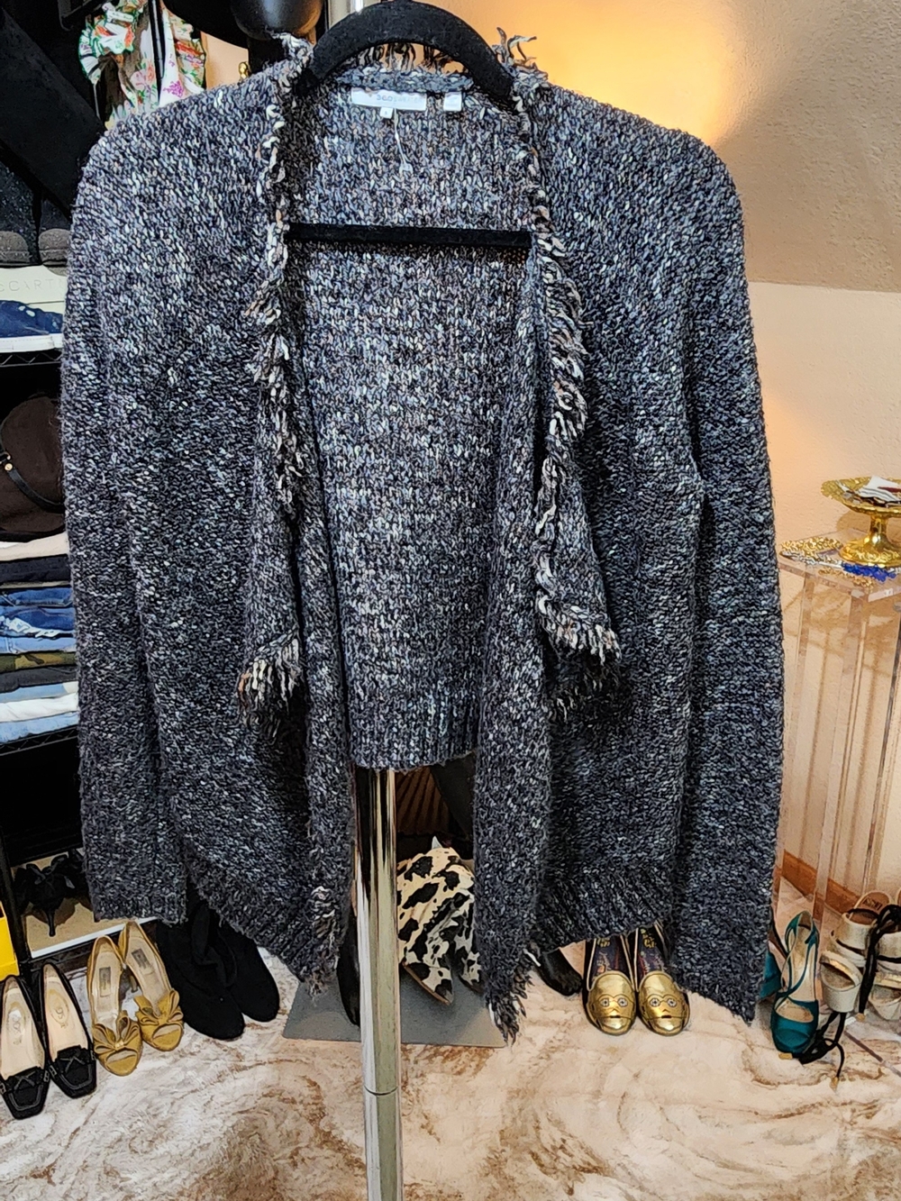 360 Sweater Marled Black Fringe Open-Front Cardigan - Picture 3 of 6